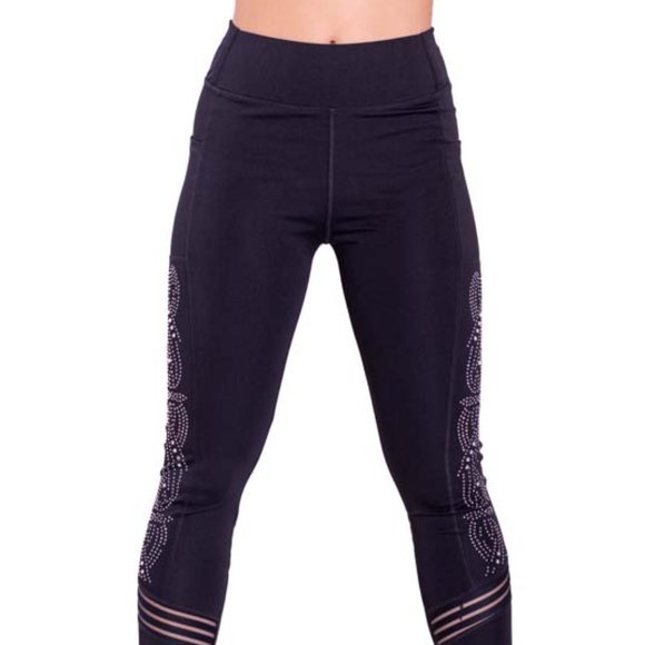 High-Waisted & Mash Panel & Rhinestoned Leggings with Side Pockets Black - Picture 3 of 7